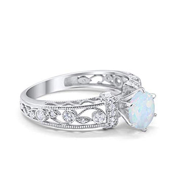 Art Deco Engagement Promise Ring Lab Created White Opal 925 Sterling Silver